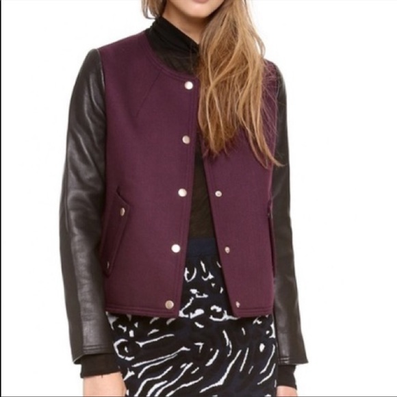 Club Monaco Black & Burgundy Varsity Jacket with Leather Sleeves - Size XS - Picture 1 of 5